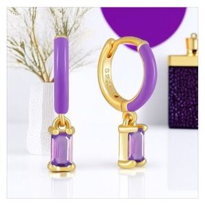 New 925 Over Gold Purple Enamel Crystal Drop Earrings